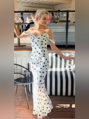 Rat & Boa White and Black Polka Dot Off-Shoulder Maxi Dress